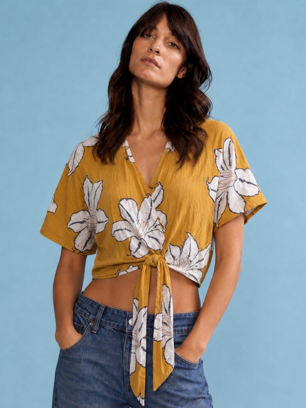 Resort Boho Tie Front Floral Crop Top Cotton Rayon Mustard Miss Love S‎